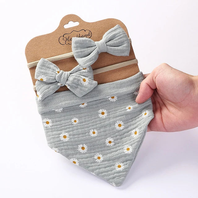 Juego de Babero Bandana Muselina + Diadema con Lazo para Niña