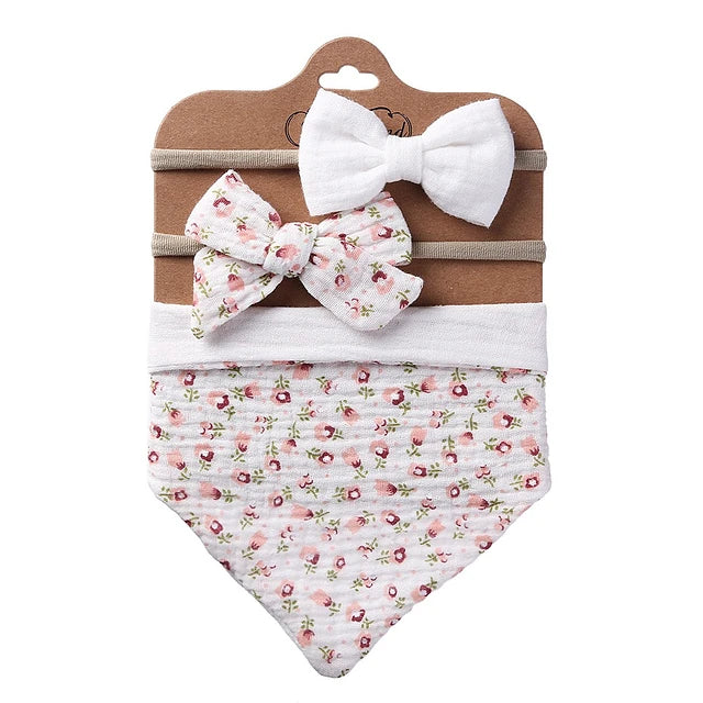 Juego de Babero Bandana Muselina + Diadema con Lazo para Niña