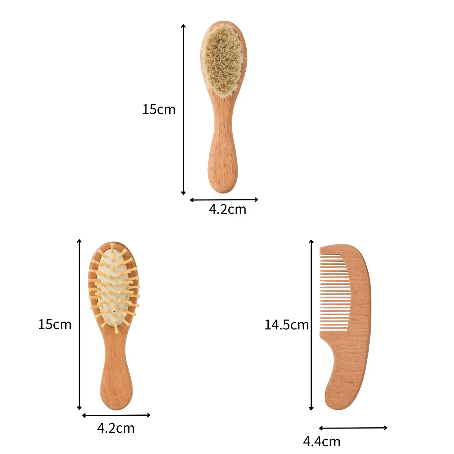 Set de 3 Cepillos de madera de lana para bebés recién nacidos
