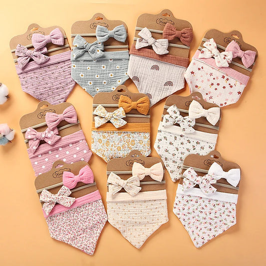 Juego de Babero Bandana Muselina + Diadema con Lazo para Niña