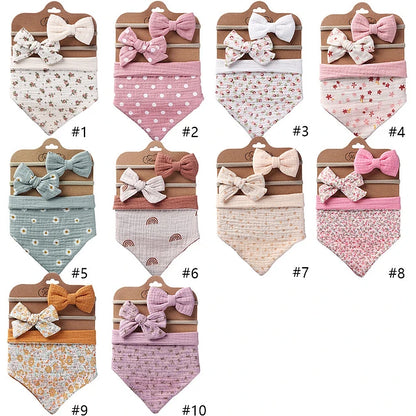 Juego de Babero Bandana Muselina + Diadema con Lazo para Niña