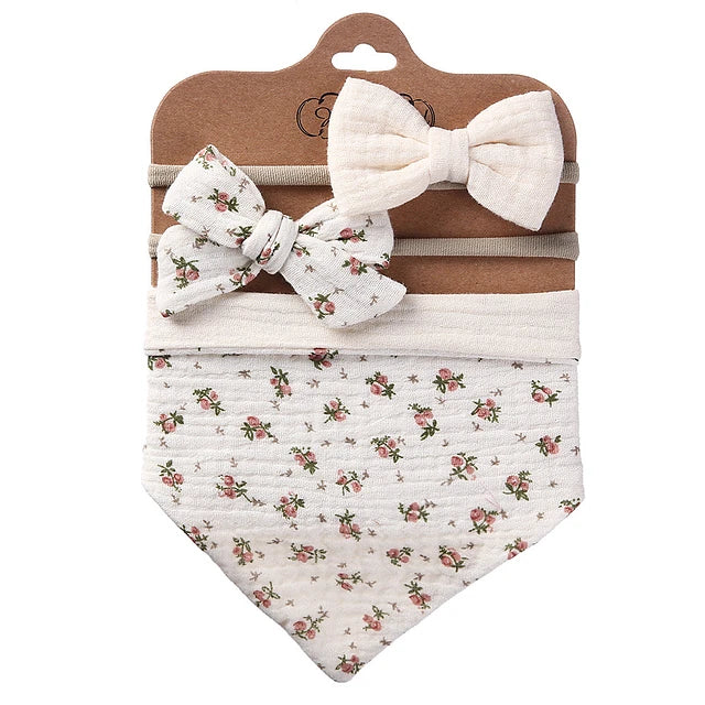Juego de Babero Bandana Muselina + Diadema con Lazo para Niña