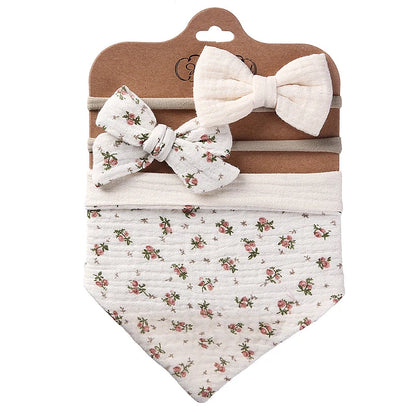 Juego de Babero Bandana Muselina + Diadema con Lazo para Niña