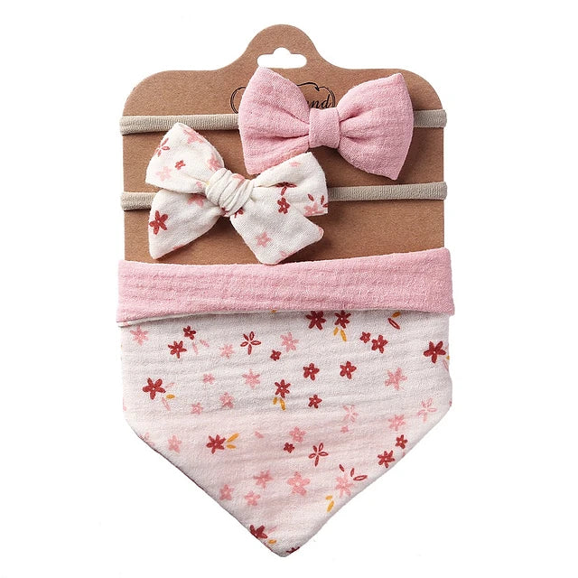 Juego de Babero Bandana Muselina + Diadema con Lazo para Niña