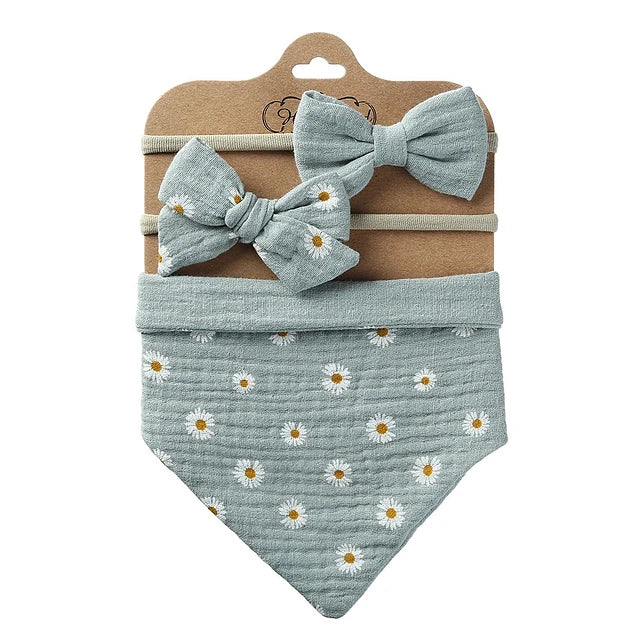 Juego de Babero Bandana Muselina + Diadema con Lazo para Niña