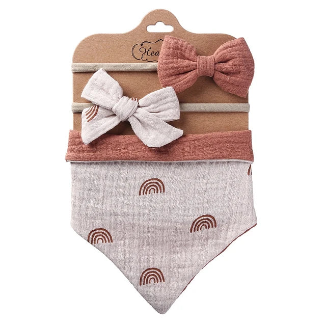 Juego de Babero Bandana Muselina + Diadema con Lazo para Niña