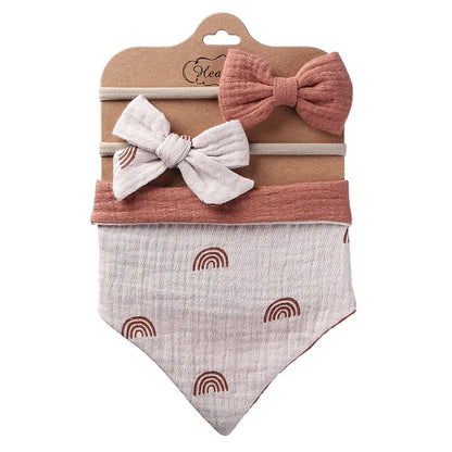 Juego de Babero Bandana Muselina + Diadema con Lazo para Niña