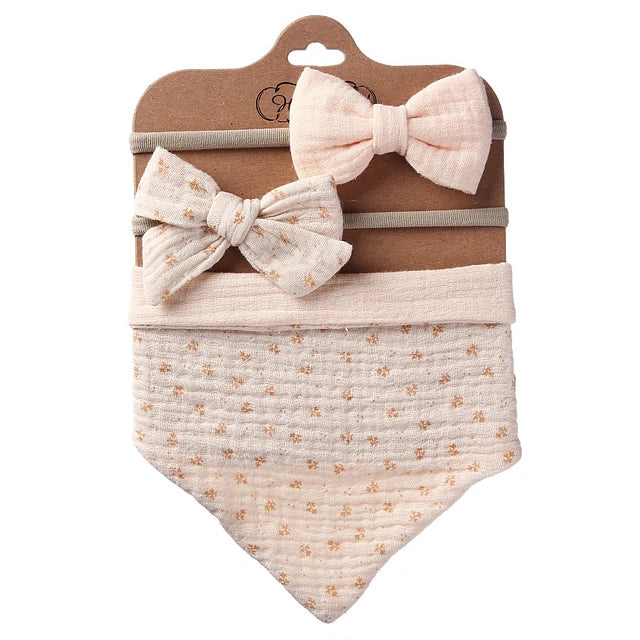 Juego de Babero Bandana Muselina + Diadema con Lazo para Niña