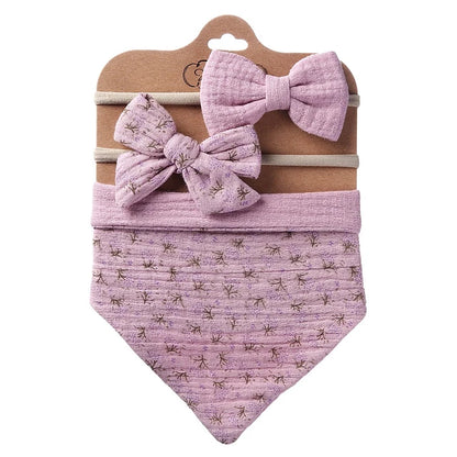 Juego de Babero Bandana Muselina + Diadema con Lazo para Niña
