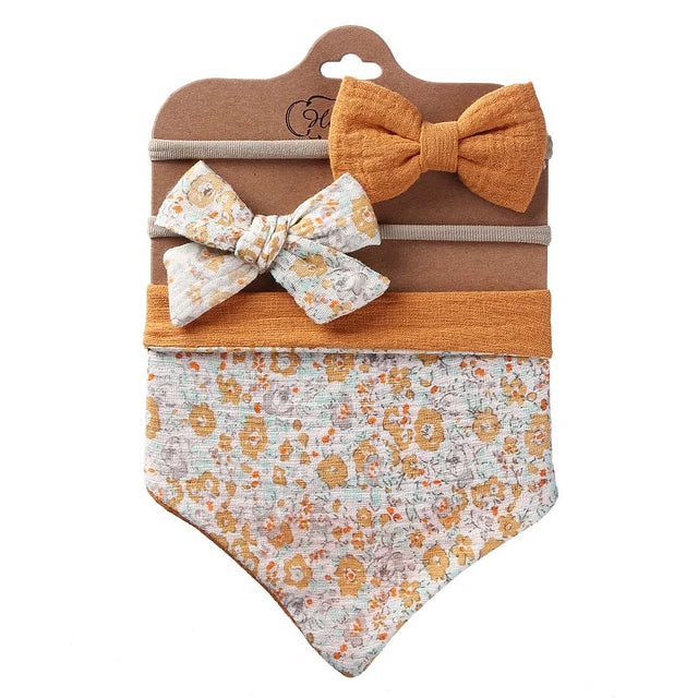 Juego de Babero Bandana Muselina + Diadema con Lazo para Niña