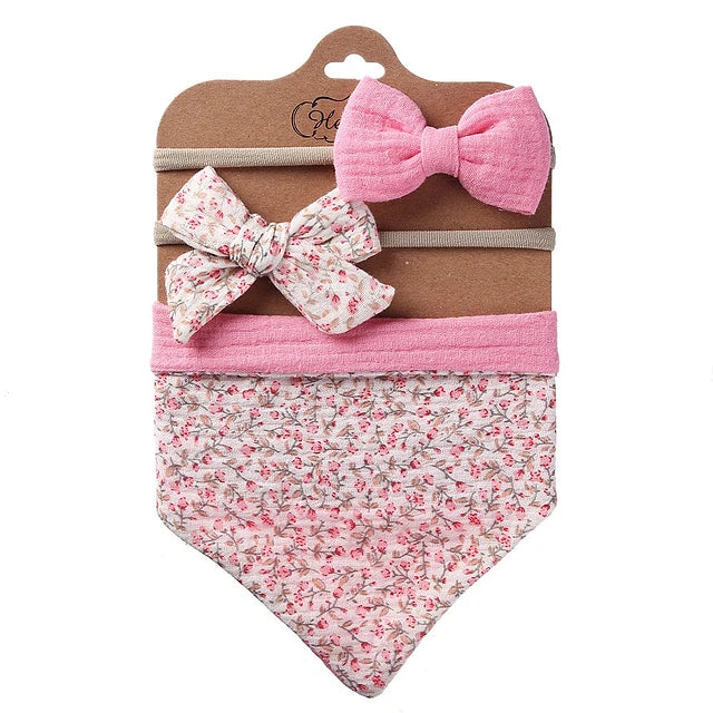 Juego de Babero Bandana Muselina + Diadema con Lazo para Niña