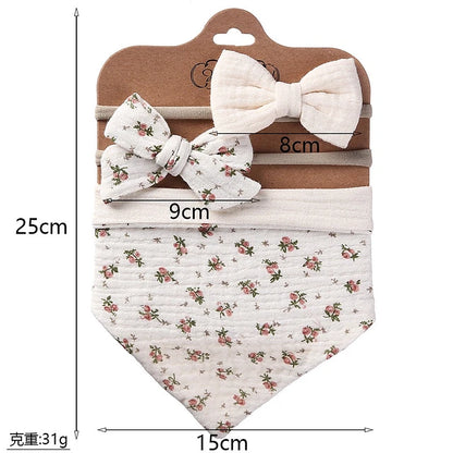 Juego de Babero Bandana Muselina + Diadema con Lazo para Niña