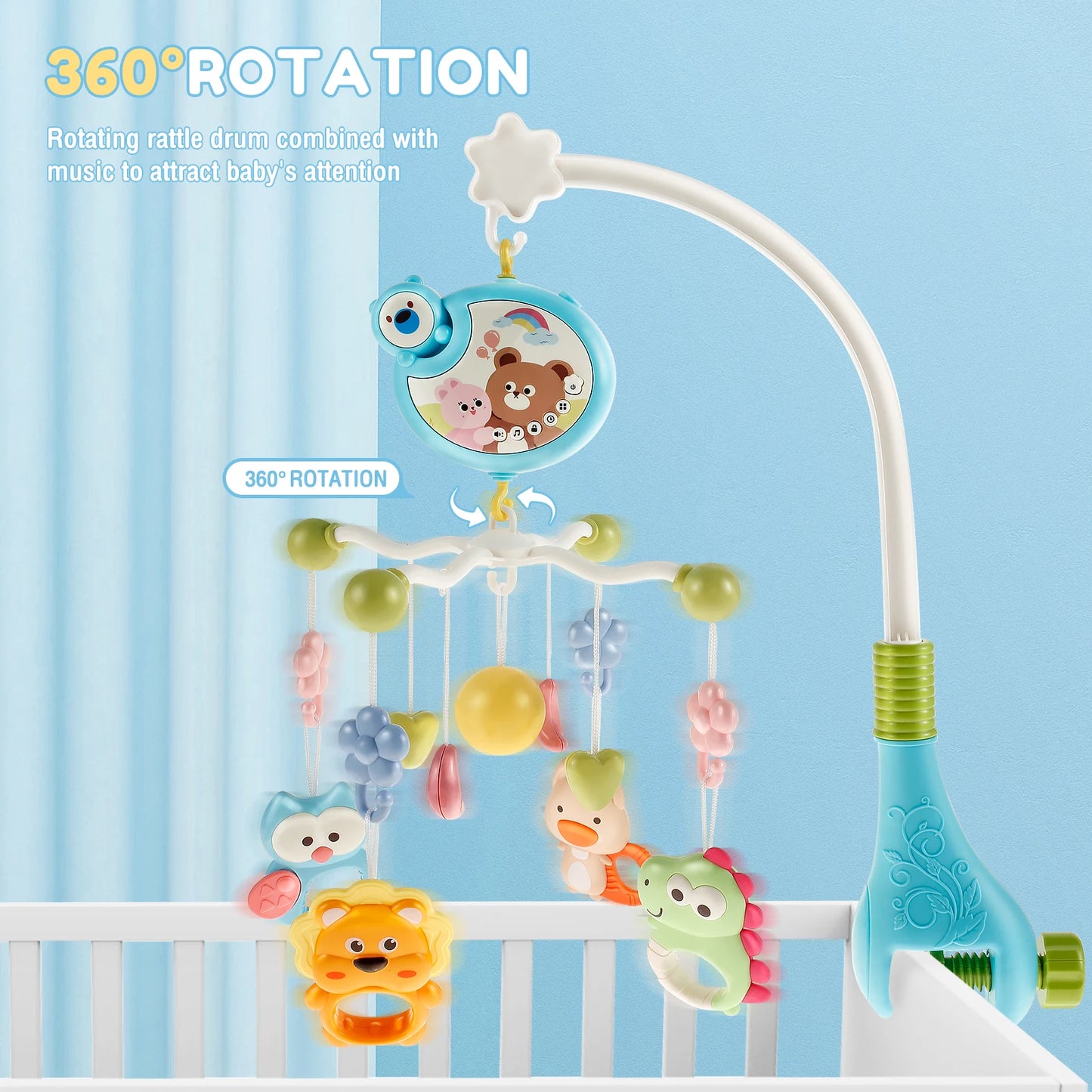 Móvil Musical para cuna de bebé con control remoto y Rotación de 360°