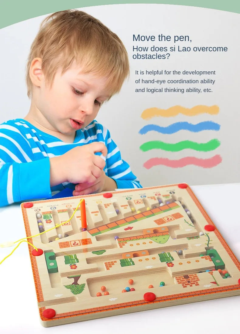 Laberinto magnético de colores y números, rompecabezas de madera, tablero de actividades, aprendizaje, juguetes para niños Montessori