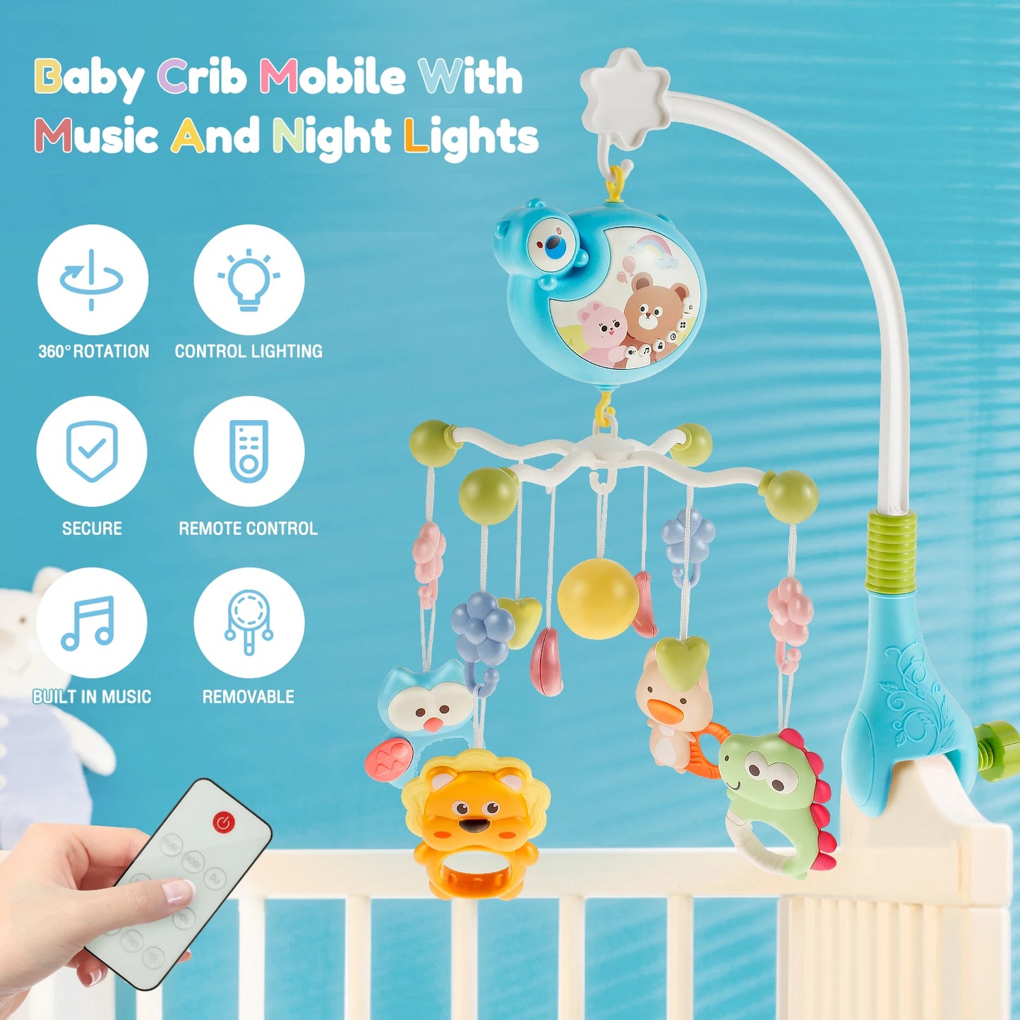 Móvil Musical para cuna de bebé con control remoto y Rotación de 360°