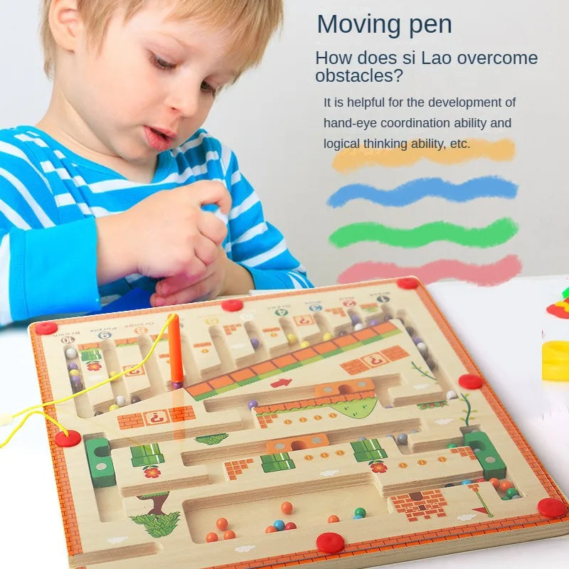 Laberinto magnético de colores y números, rompecabezas de madera, tablero de actividades, aprendizaje, juguetes para niños Montessori